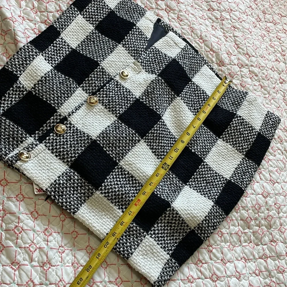 Tweed plaid asymmetric skirt with gold buttons